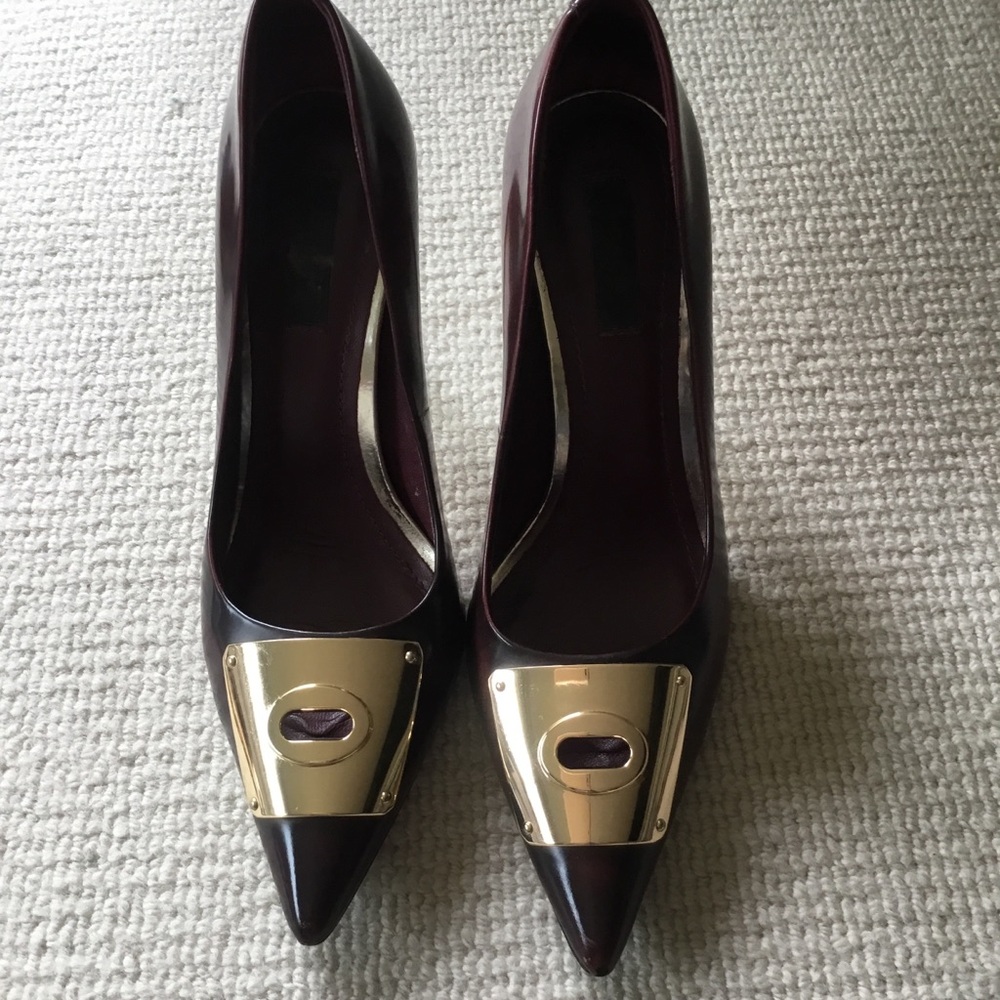Coach Burgundy Patent Pointed-Toe Pumps with Gold Toe Plate - Picture 6 of 13